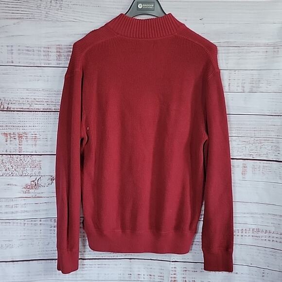 Eddie Bauer Red Navy Striped Half Zip Mock Neck Ribbed Knit Sweater Size Large - Picture 8 of 9